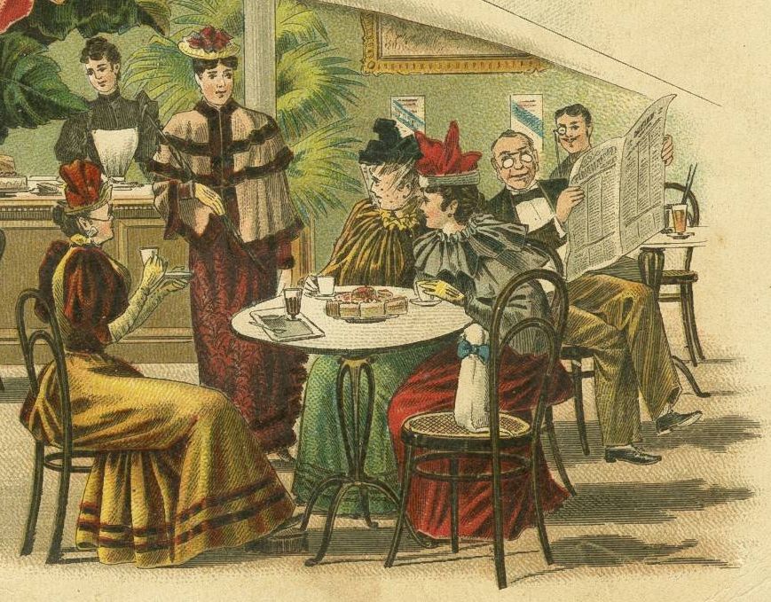 KI generiert: Das Bild zeigt eine Szene in einem Café mit mehreren Personen in historischer Kleidung. Einige der Personen sitzen an Tischen und unterhalten sich, während eine Bedienung im Hintergrund zu sehen ist.