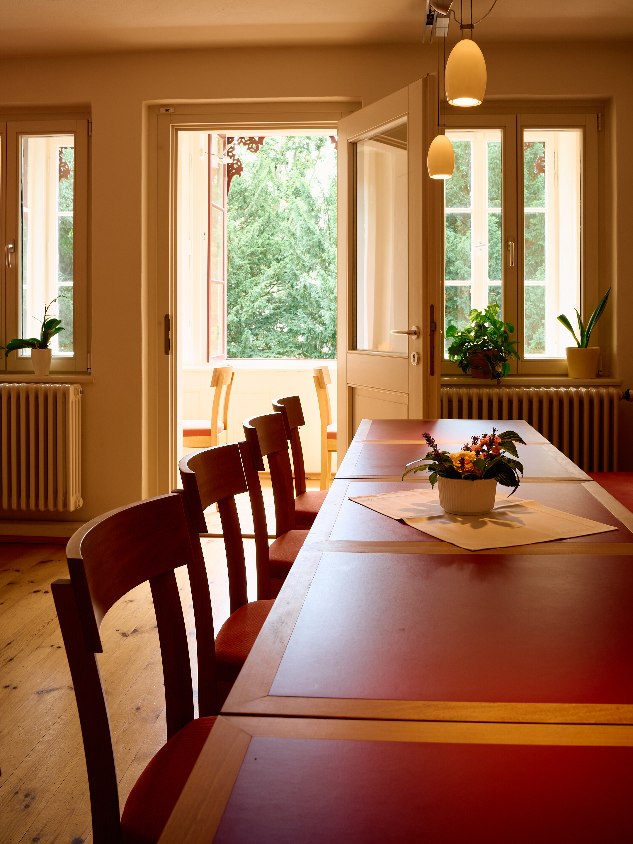 KI generiert: Das Bild zeigt einen hellen, gemütlichen Essbereich mit einem langen Tisch und mehreren Stühlen. Im Hintergrund sind geöffnete Fenster und eine Tür zu einem Balkon zu sehen, durch die viel natürliches Licht einfällt.